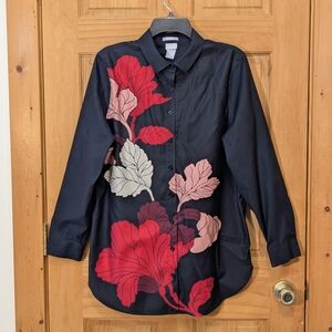 Chicos No Iron Chic Stretch Shirt Top Floral Button Front Black Red Women 2 LG